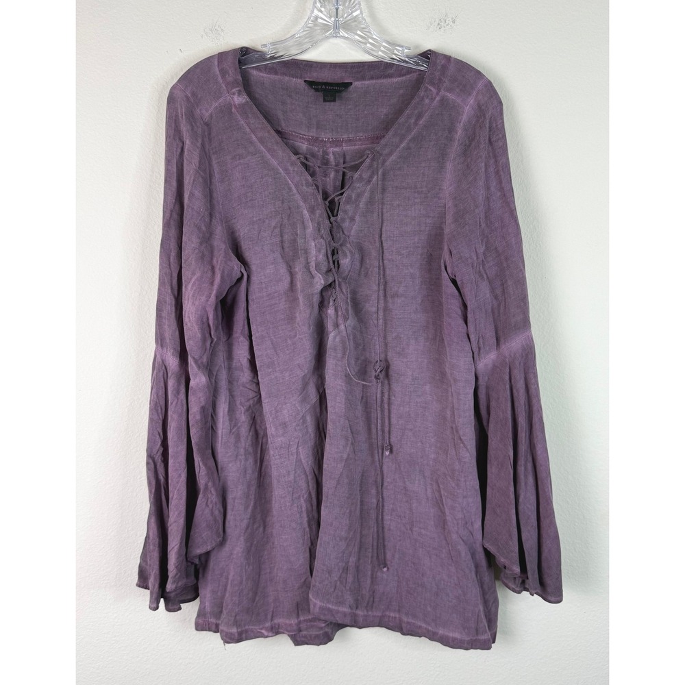 Rock & Republic Top Womens Large Purple Lace Up Bell Sleeve Tunic Boho Blouse